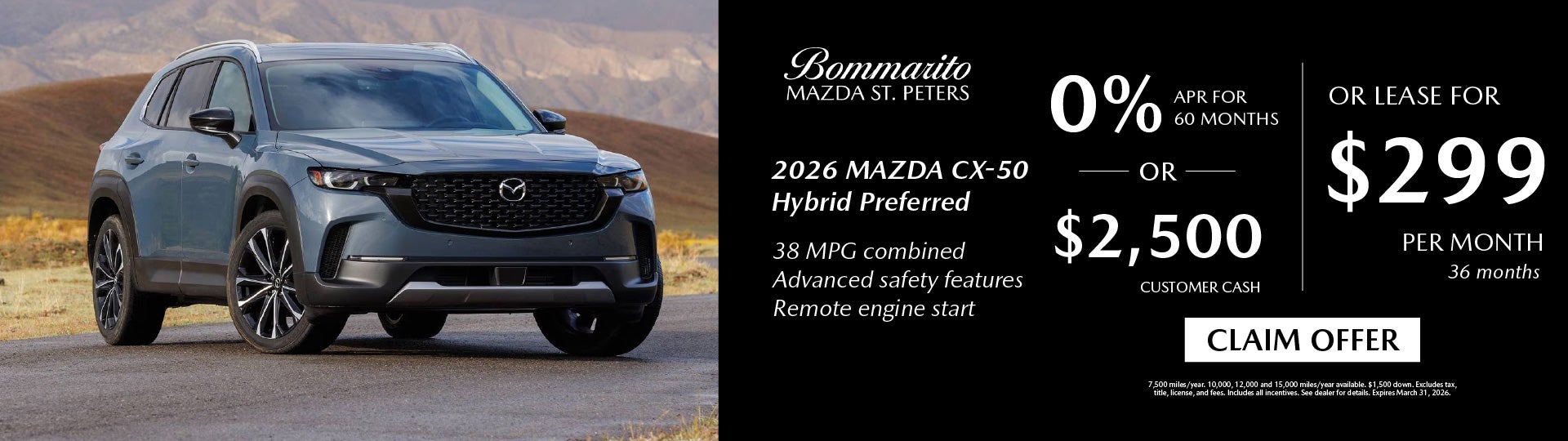2026nMazda CX-50 Hrbrid Peferred Lease $299